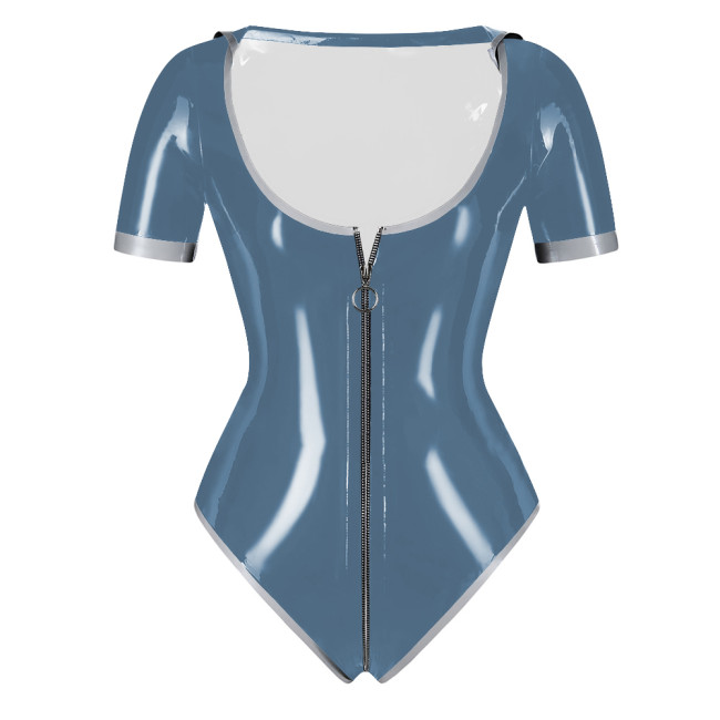 PVC Patent Leather Sailor Collar Bodysuit Sexy Zipper Open Crotch Wetlook High Cut Rompers Fetish Sissy Party Cosplay Top Zentai