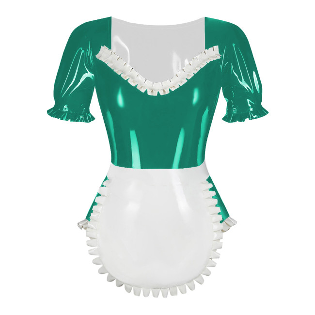 Sissy Puff Sleeve Lolita Maid Bodysuit with Apron Latex-look PVC Leather Ruffles Maid Outfits Sexy Fetish Roleplay Maid Uniforms