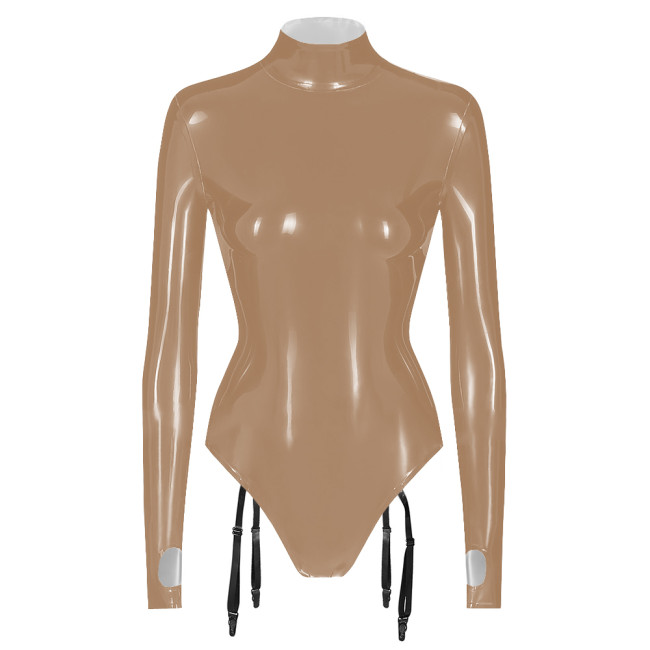 Wet Look Long Sleeve Bodysuits PVC Patent Leather Back Zip Romper with Garters Sling Sissy Unisex Carnival Raves Party Clubwear