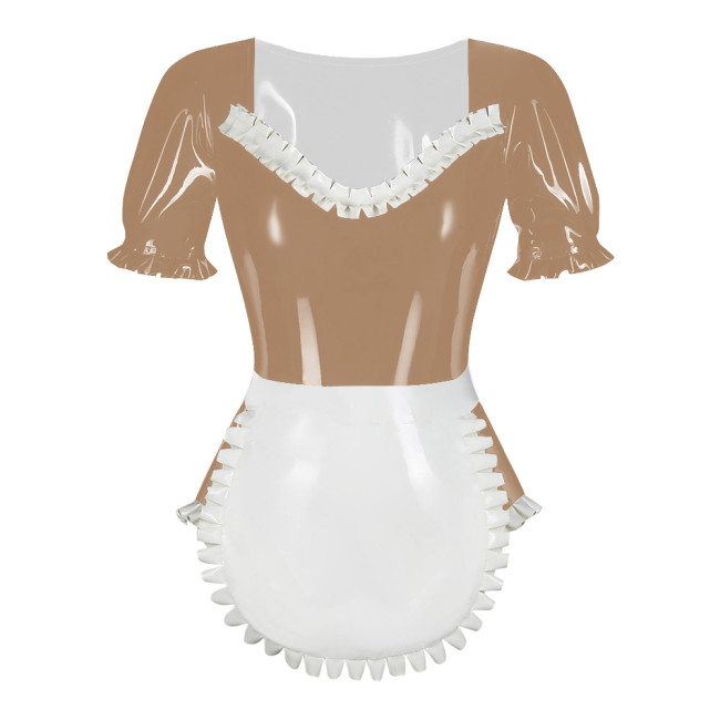 Sissy Puff Sleeve Lolita Maid Bodysuit with Apron Latex-look PVC Leather Ruffles Maid Outfits Sexy Fetish Roleplay Maid Uniforms