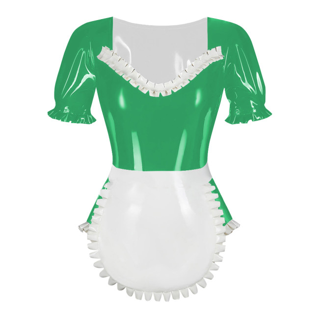 Sissy Puff Sleeve Lolita Maid Bodysuit with Apron Latex-look PVC Leather Ruffles Maid Outfits Sexy Fetish Roleplay Maid Uniforms
