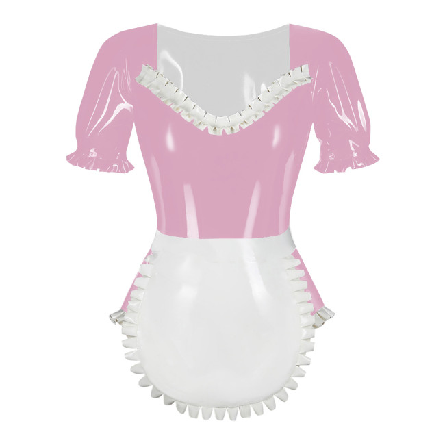 Sissy Puff Sleeve Lolita Maid Bodysuit with Apron Latex-look PVC Leather Ruffles Maid Outfits Sexy Fetish Roleplay Maid Uniforms