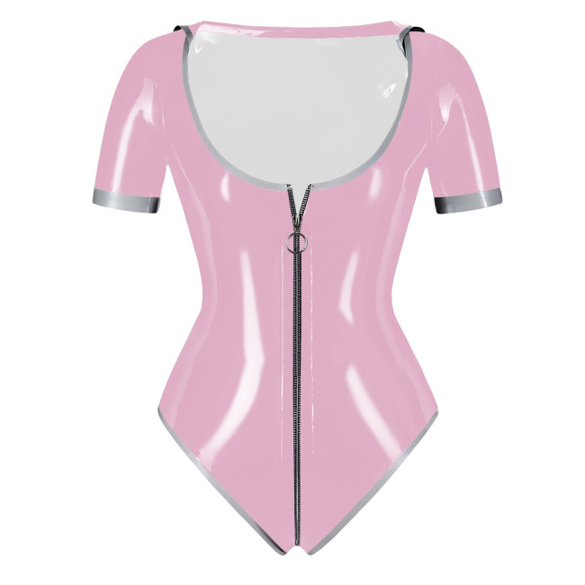 PVC Patent Leather Sailor Collar Bodysuit Sexy Zipper Open Crotch Wetlook High Cut Rompers Fetish Sissy Party Cosplay Top Zentai