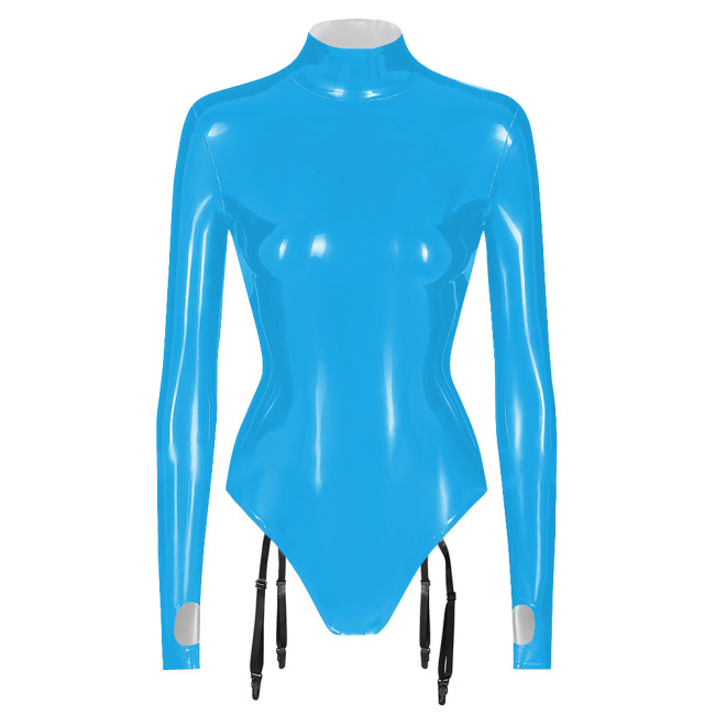 Wet Look Long Sleeve Bodysuits PVC Patent Leather Back Zip Romper with Garters Sling Sissy Unisex Carnival Raves Party Clubwear