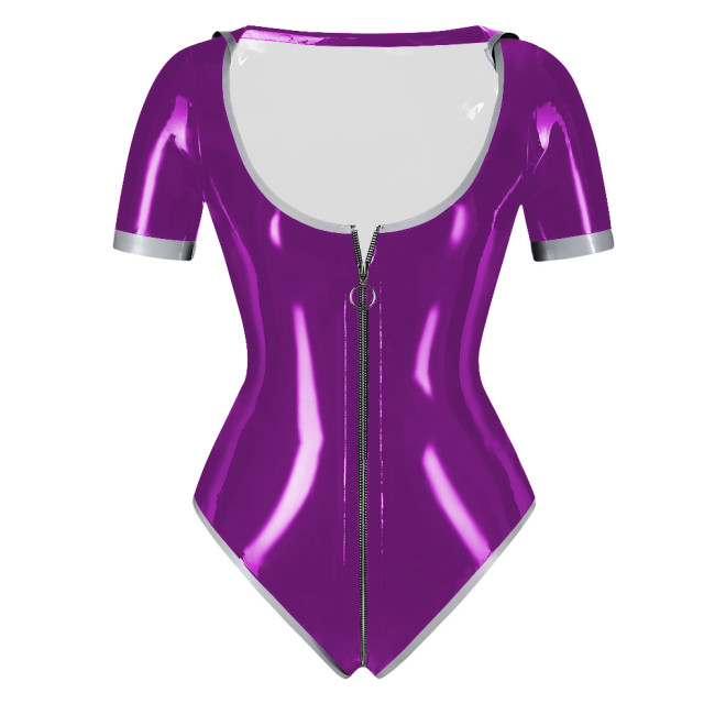PVC Patent Leather Sailor Collar Bodysuit Sexy Zipper Open Crotch Wetlook High Cut Rompers Fetish Sissy Party Cosplay Top Zentai