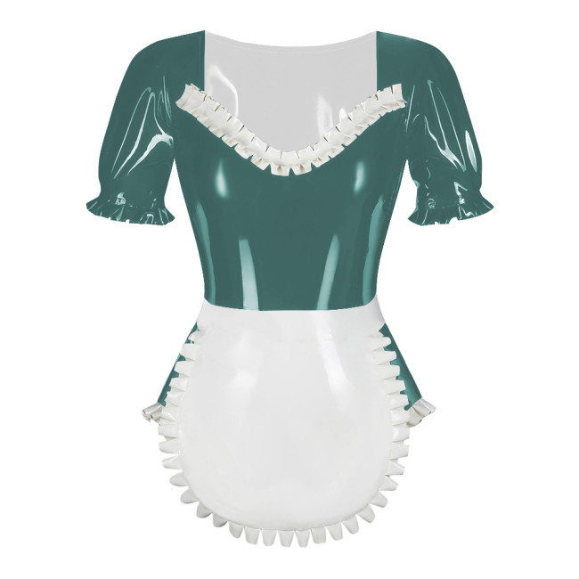 Sissy Puff Sleeve Lolita Maid Bodysuit with Apron Latex-look PVC Leather Ruffles Maid Outfits Sexy Fetish Roleplay Maid Uniforms