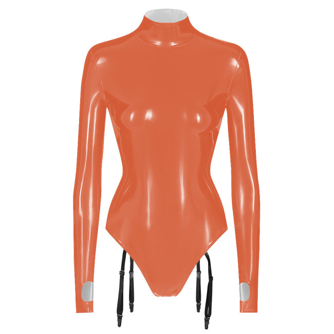 Wet Look Long Sleeve Bodysuits PVC Patent Leather Back Zip Romper with Garters Sling Sissy Unisex Carnival Raves Party Clubwear