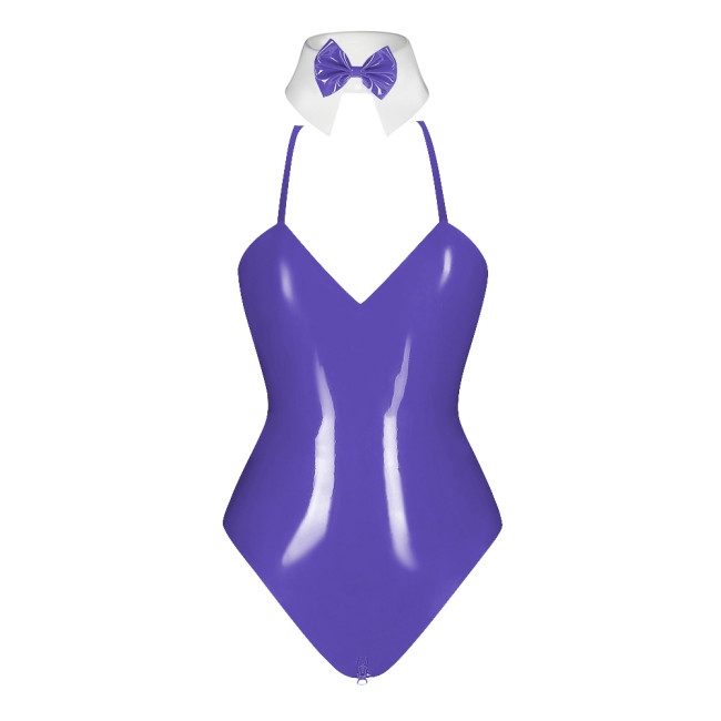 PVC Patent Leather Sailor Collar Bodysuit Sexy Zipper Open Crotch Wetlook High Cut Rompers Fetish Sissy Party Cosplay Top Zentai