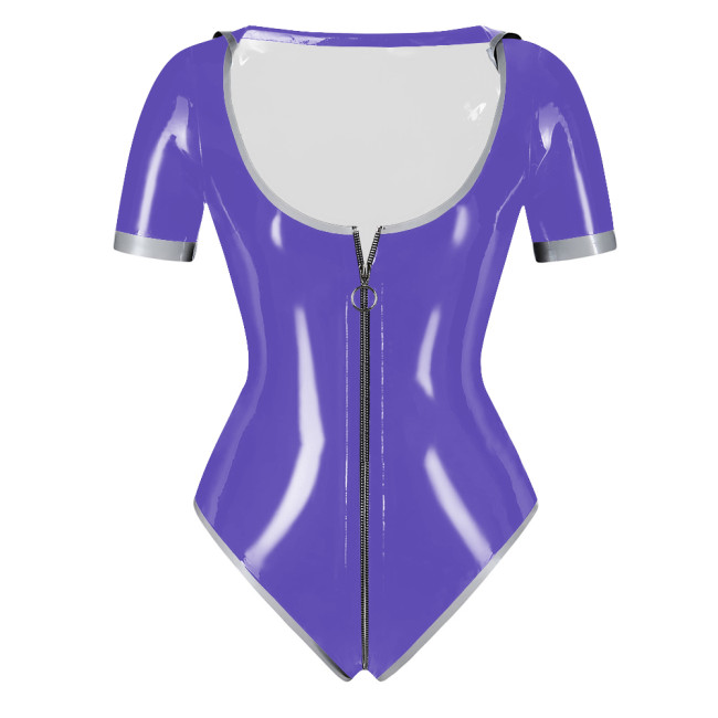PVC Patent Leather Sailor Collar Bodysuit Sexy Zipper Open Crotch Wetlook High Cut Rompers Fetish Sissy Party Cosplay Top Zentai