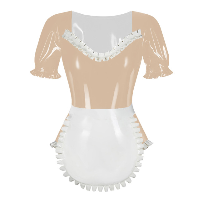 Sissy Puff Sleeve Lolita Maid Bodysuit with Apron Latex-look PVC Leather Ruffles Maid Outfits Sexy Fetish Roleplay Maid Uniforms