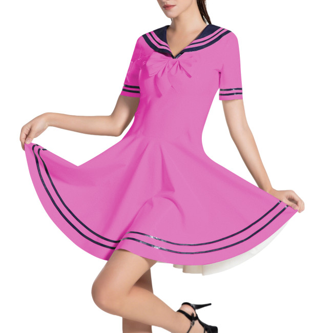 Sailor Collar Swing Short Dress for Women Preppy Style JK Dresses Glossy PVC Leather A Line Lolita Dress Cosplay Anime Costume