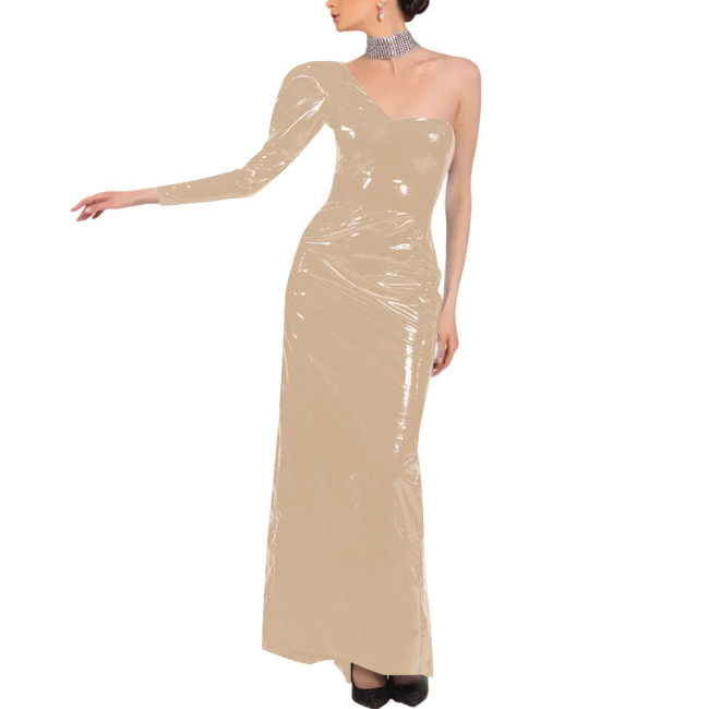 PVC Patent Leather One Shoulder Long Dress Elegant Long Sleeve Formal Evening Prom Party Gown Oblique Shoulder Evening Dress