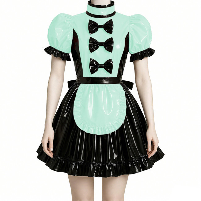 Wet Look Patchwork Maid Dress for Halloween Cosplay Costume Sissy Puff Short Sleeves Lolita Maid Uniforms Theme Party Roleplay