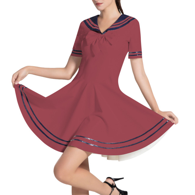 Sailor Collar Swing Short Dress for Women Preppy Style JK Dresses Glossy PVC Leather A Line Lolita Dress Cosplay Anime Costume
