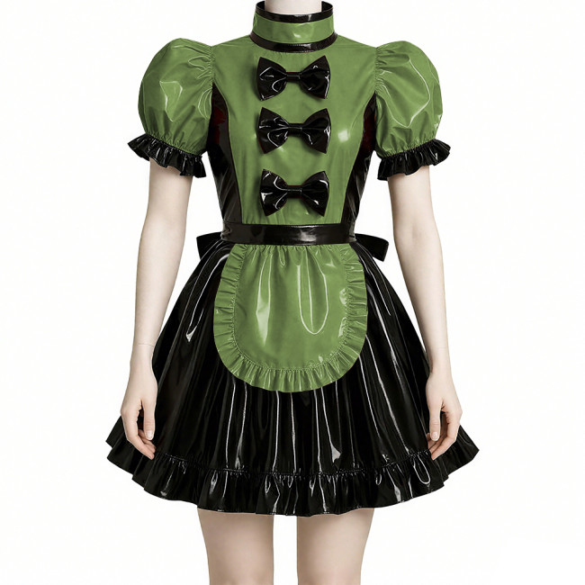Wet Look Patchwork Maid Dress for Halloween Cosplay Costume Sissy Puff Short Sleeves Lolita Maid Uniforms Theme Party Roleplay