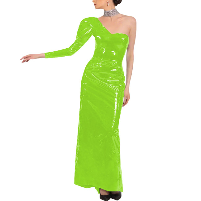 PVC Patent Leather One Shoulder Long Dress Elegant Long Sleeve Formal Evening Prom Party Gown Oblique Shoulder Evening Dress