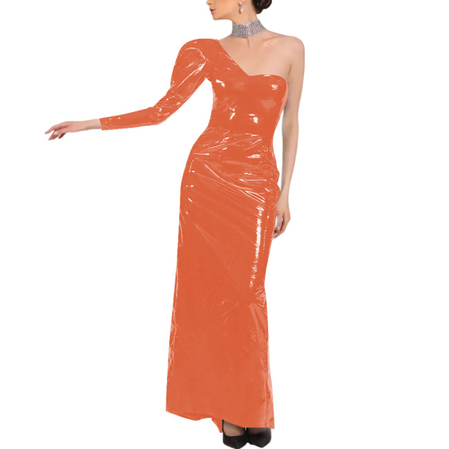 PVC Patent Leather One Shoulder Long Dress Elegant Long Sleeve Formal Evening Prom Party Gown Oblique Shoulder Evening Dress