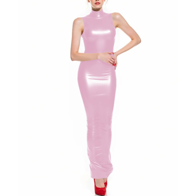 Fetish Latex-like PVC Long Hobble Dresses Sleeveless Bodycon Sexy Tight Ankle Length Pencil Dress Sissy Party Club Tank Vestidos