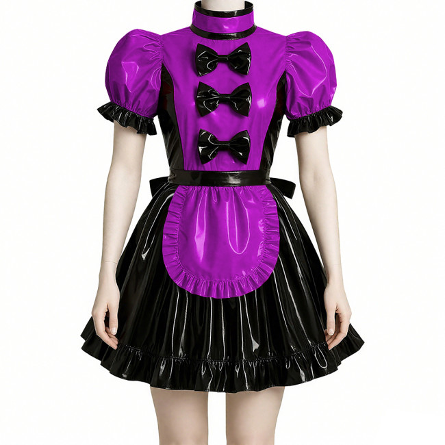 Wet Look Patchwork Maid Dress for Halloween Cosplay Costume Sissy Puff Short Sleeves Lolita Maid Uniforms Theme Party Roleplay