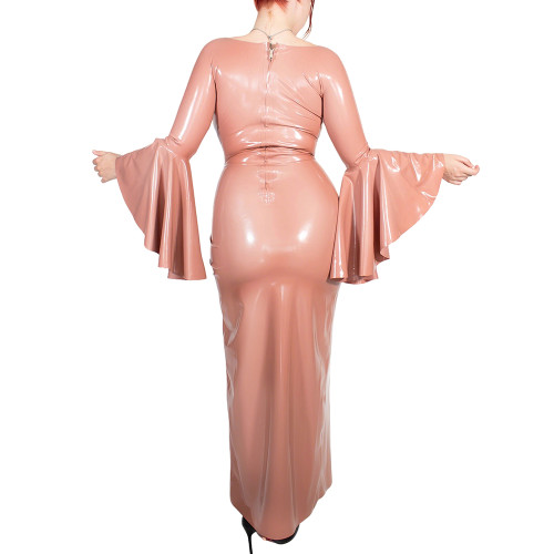 Plus Size Cocktail Party V Neck Long Dress Womens Sexy Flared Long Sleeve Elegant Wrap Maxi Dresses Shiny PVC Leather Split Gown