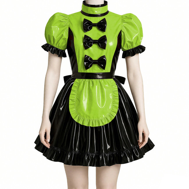 Wet Look Patchwork Maid Dress for Halloween Cosplay Costume Sissy Puff Short Sleeves Lolita Maid Uniforms Theme Party Roleplay