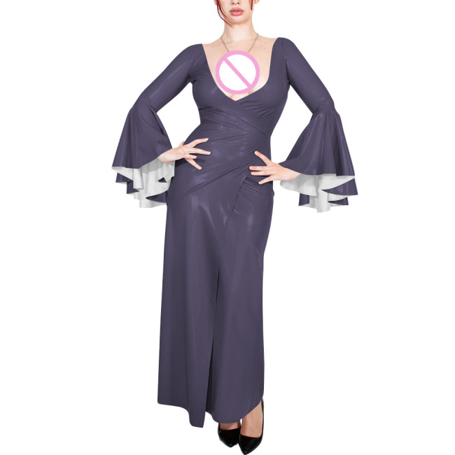 Plus Size Cocktail Party V Neck Long Dress Womens Sexy Flared Long Sleeve Elegant Wrap Maxi Dresses Shiny PVC Leather Split Gown