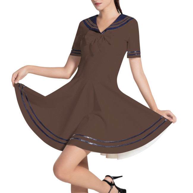 Sailor Collar Swing Short Dress for Women Preppy Style JK Dresses Glossy PVC Leather A Line Lolita Dress Cosplay Anime Costume