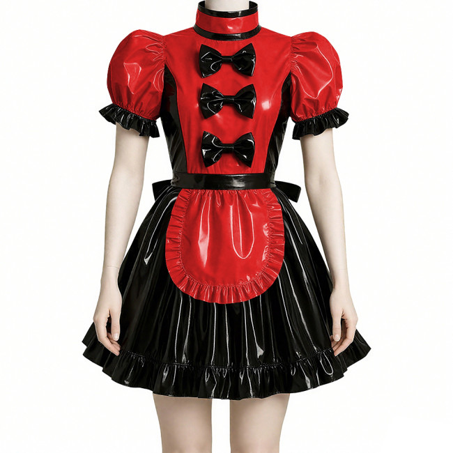 Wet Look Patchwork Maid Dress for Halloween Cosplay Costume Sissy Puff Short Sleeves Lolita Maid Uniforms Theme Party Roleplay