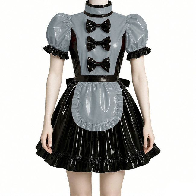 Wet Look Patchwork Maid Dress for Halloween Cosplay Costume Sissy Puff Short Sleeves Lolita Maid Uniforms Theme Party Roleplay