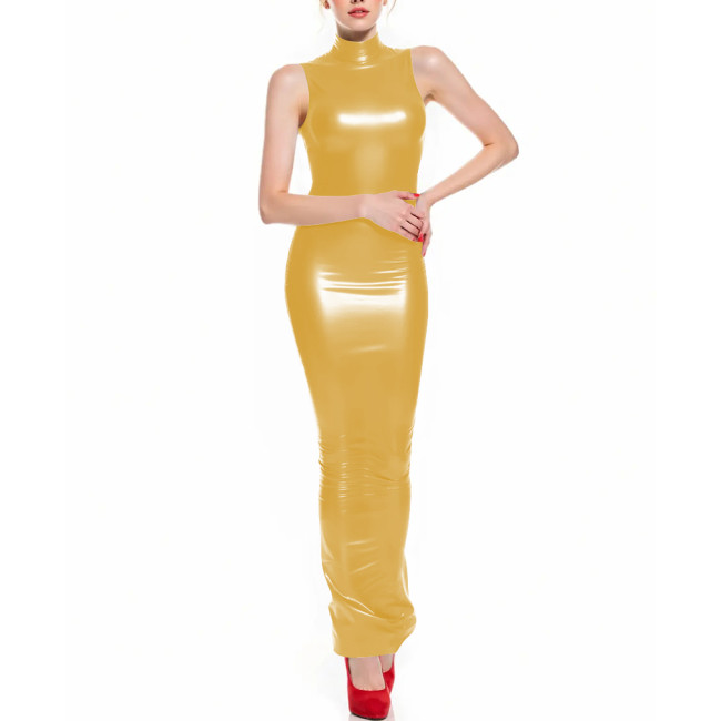 Fetish Latex-like PVC Long Hobble Dresses Sleeveless Bodycon Sexy Tight Ankle Length Pencil Dress Sissy Party Club Tank Vestidos