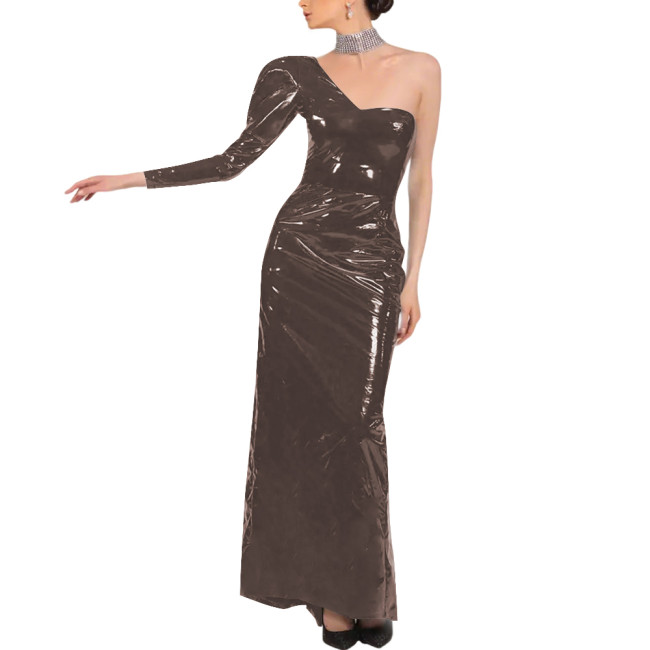 PVC Patent Leather One Shoulder Long Dress Elegant Long Sleeve Formal Evening Prom Party Gown Oblique Shoulder Evening Dress