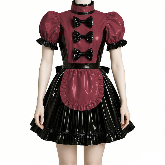 Wet Look Patchwork Maid Dress for Halloween Cosplay Costume Sissy Puff Short Sleeves Lolita Maid Uniforms Theme Party Roleplay