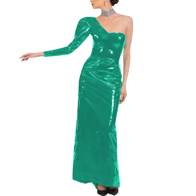 PVC Patent Leather One Shoulder Long Dress Elegant Long Sleeve Formal Evening Prom Party Gown Oblique Shoulder Evening Dress