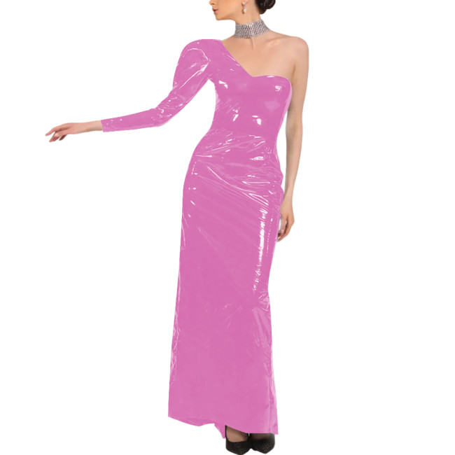 PVC Patent Leather One Shoulder Long Dress Elegant Long Sleeve Formal Evening Prom Party Gown Oblique Shoulder Evening Dress