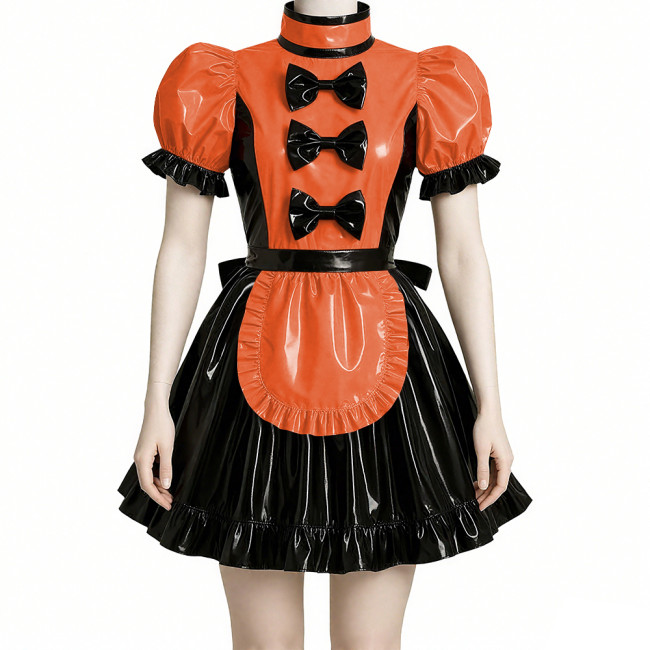 Wet Look Patchwork Maid Dress for Halloween Cosplay Costume Sissy Puff Short Sleeves Lolita Maid Uniforms Theme Party Roleplay