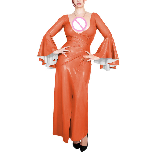 Plus Size Cocktail Party V Neck Long Dress Womens Sexy Flared Long Sleeve Elegant Wrap Maxi Dresses Shiny PVC Leather Split Gown
