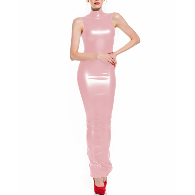 Fetish Latex-like PVC Long Hobble Dresses Sleeveless Bodycon Sexy Tight Ankle Length Pencil Dress Sissy Party Club Tank Vestidos