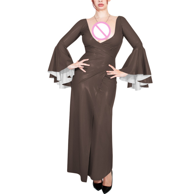 Plus Size Cocktail Party V Neck Long Dress Womens Sexy Flared Long Sleeve Elegant Wrap Maxi Dresses Shiny PVC Leather Split Gown
