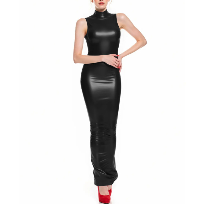 Fetish Latex-like PVC Long Hobble Dresses Sleeveless Bodycon Sexy Tight Ankle Length Pencil Dress Sissy Party Club Tank Vestidos