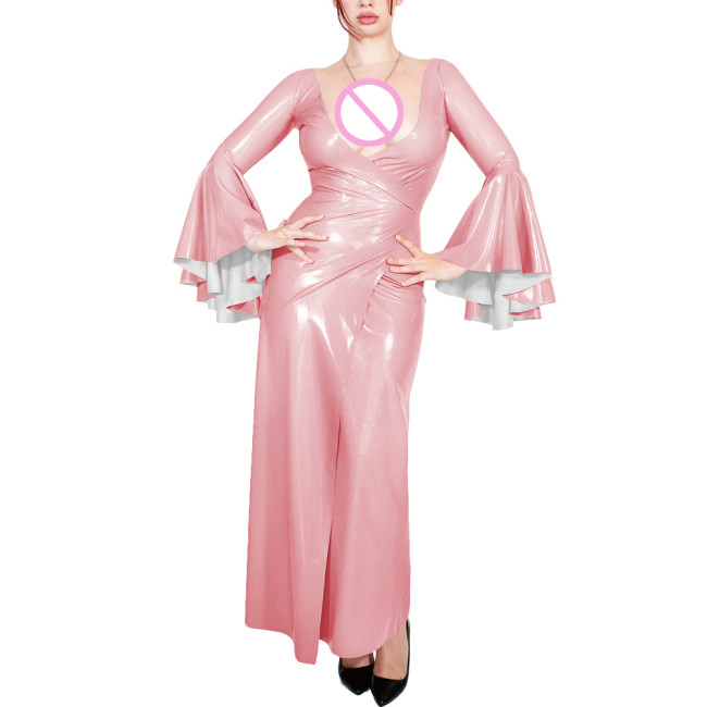 Plus Size Cocktail Party V Neck Long Dress Womens Sexy Flared Long Sleeve Elegant Wrap Maxi Dresses Shiny PVC Leather Split Gown