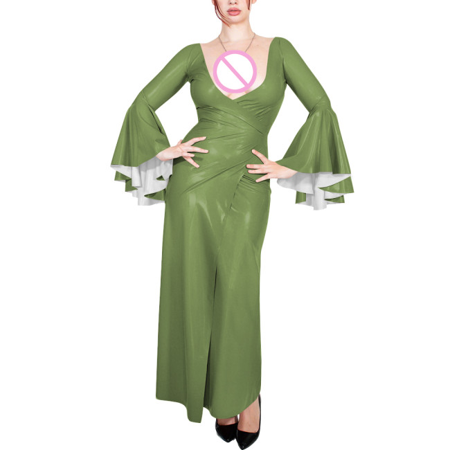 Plus Size Cocktail Party V Neck Long Dress Womens Sexy Flared Long Sleeve Elegant Wrap Maxi Dresses Shiny PVC Leather Split Gown