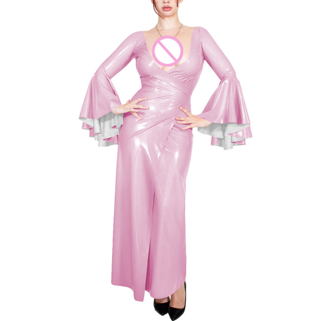 Plus Size Cocktail Party V Neck Long Dress Womens Sexy Flared Long Sleeve Elegant Wrap Maxi Dresses Shiny PVC Leather Split Gown