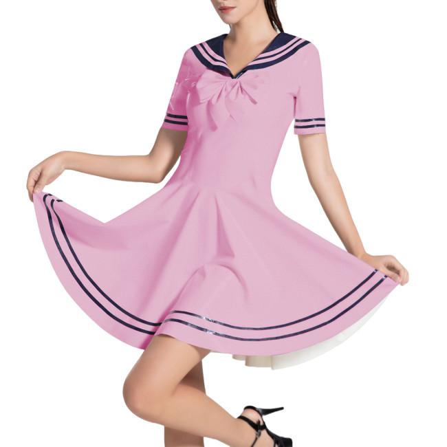 Sailor Collar Swing Short Dress for Women Preppy Style JK Dresses Glossy PVC Leather A Line Lolita Dress Cosplay Anime Costume