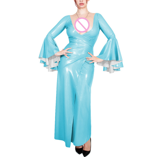 Plus Size Cocktail Party V Neck Long Dress Womens Sexy Flared Long Sleeve Elegant Wrap Maxi Dresses Shiny PVC Leather Split Gown