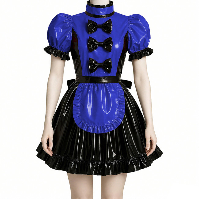Wet Look Patchwork Maid Dress for Halloween Cosplay Costume Sissy Puff Short Sleeves Lolita Maid Uniforms Theme Party Roleplay