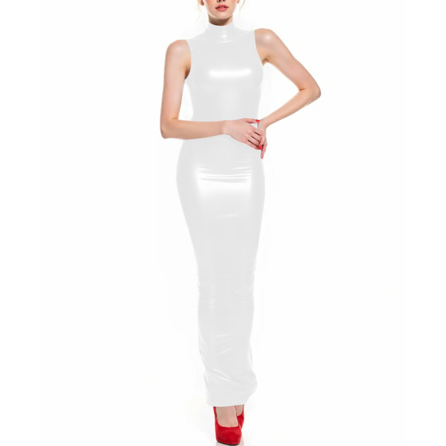 Fetish Latex-like PVC Long Hobble Dresses Sleeveless Bodycon Sexy Tight Ankle Length Pencil Dress Sissy Party Club Tank Vestidos