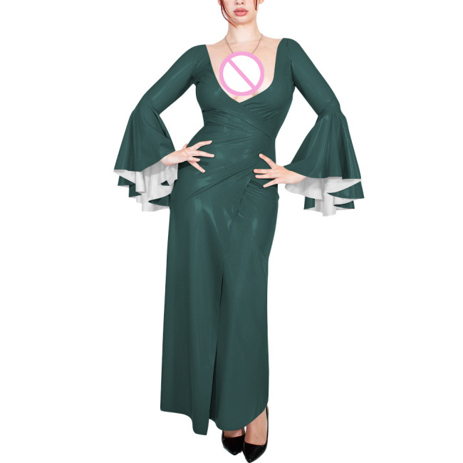Plus Size Cocktail Party V Neck Long Dress Womens Sexy Flared Long Sleeve Elegant Wrap Maxi Dresses Shiny PVC Leather Split Gown