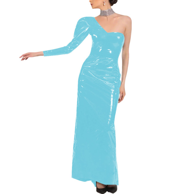 PVC Patent Leather One Shoulder Long Dress Elegant Long Sleeve Formal Evening Prom Party Gown Oblique Shoulder Evening Dress