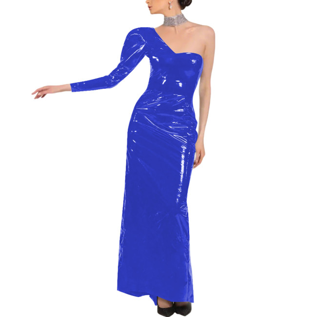 PVC Patent Leather One Shoulder Long Dress Elegant Long Sleeve Formal Evening Prom Party Gown Oblique Shoulder Evening Dress