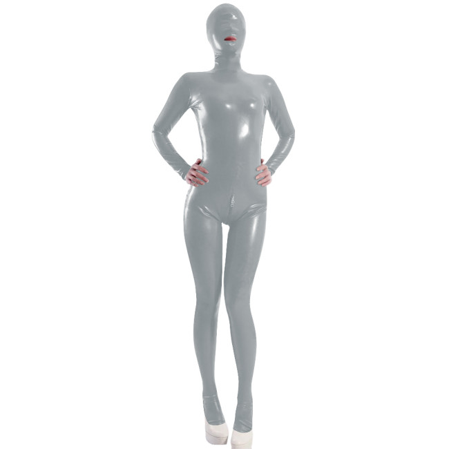Exotic Sexy Full Body Women's Wet Look Catsuit PVC Shiny Leather Hood Open Mouth Rompers with Crotch Zipper Cosplay Bodysuit